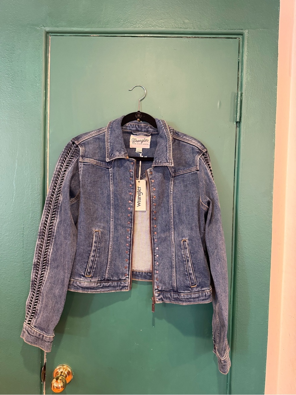 Wrangler Women's Blue Denim Jacket with Braided Sleeve Trim